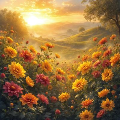 The primary subject of the image is a field of flowers, with a variety of yellow and orange flowers spread across the landscape. The setting is a beautiful, sunny day with a mountainous background, creating a serene and picturesque scene. The visual style is a combination of photo and digital art, resulting in a vibrant and lively atmosphere. The dominant colors are yellow and orange, which contribute to the warm and inviting mood of the image.